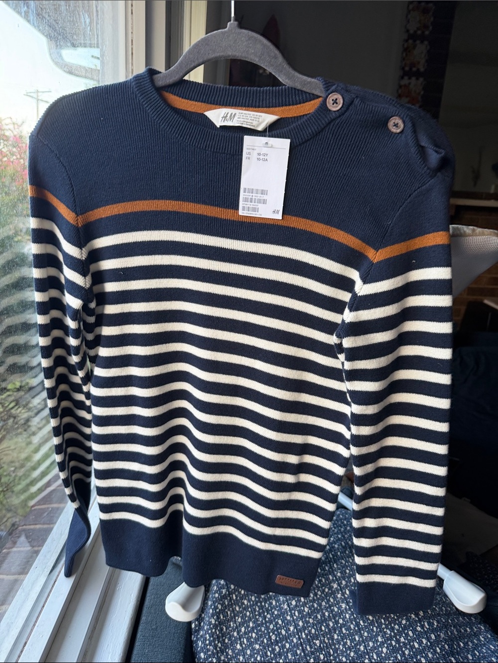 H&M Navy and Cream Striped Crewneck Sweater with Tan Accent